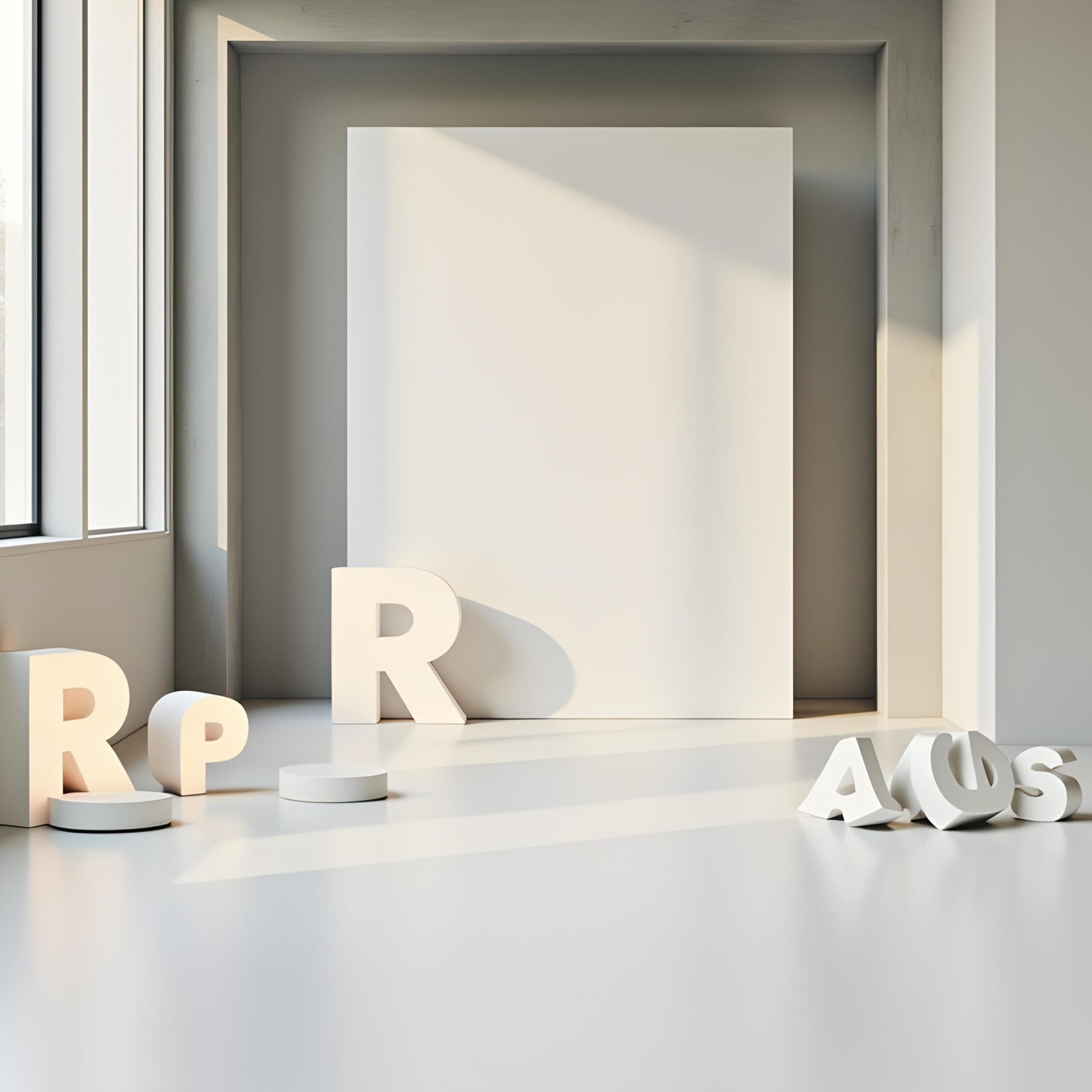 3D white letters stacked on light grey wall — minimalist background