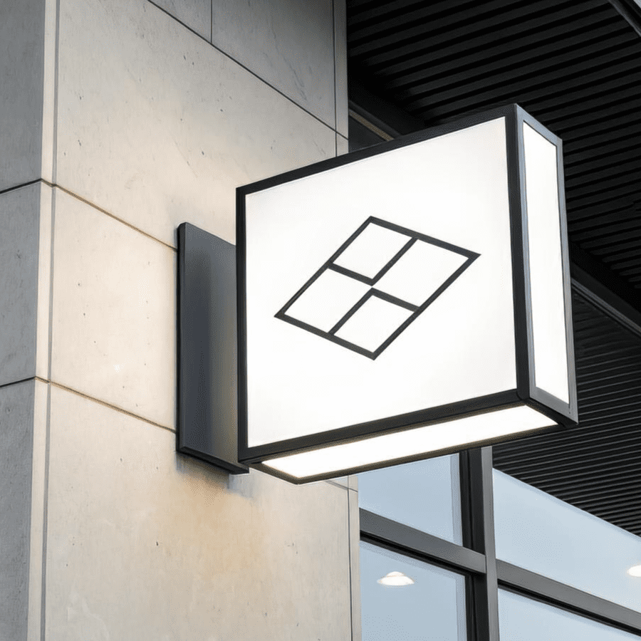 Dwustronny kaseton świetlny LED montowany prostopadle do ściany budynku, z podświetleniem po obu stronach.