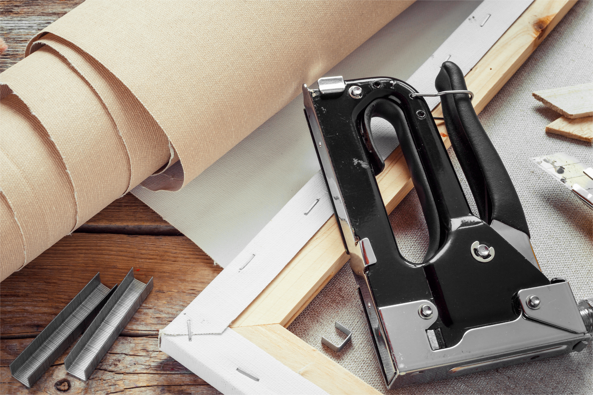 Naciąganie płótna z nadrukiem na drewnianą ramę za pomocą zszywacza