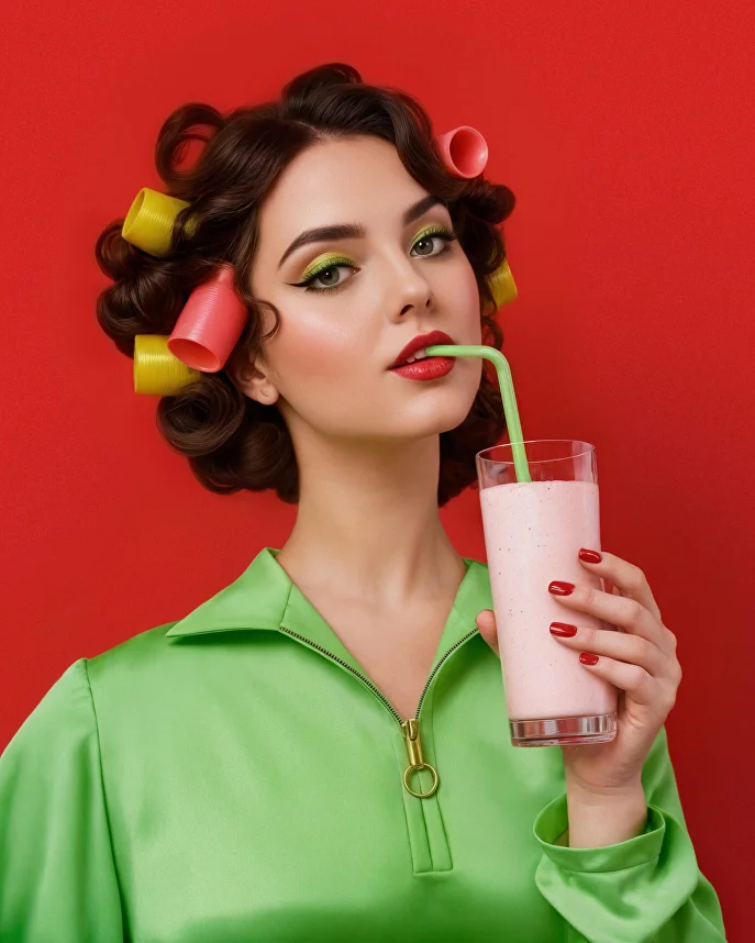 Modelka pije koktajl Edsmart na kolorowym tle.