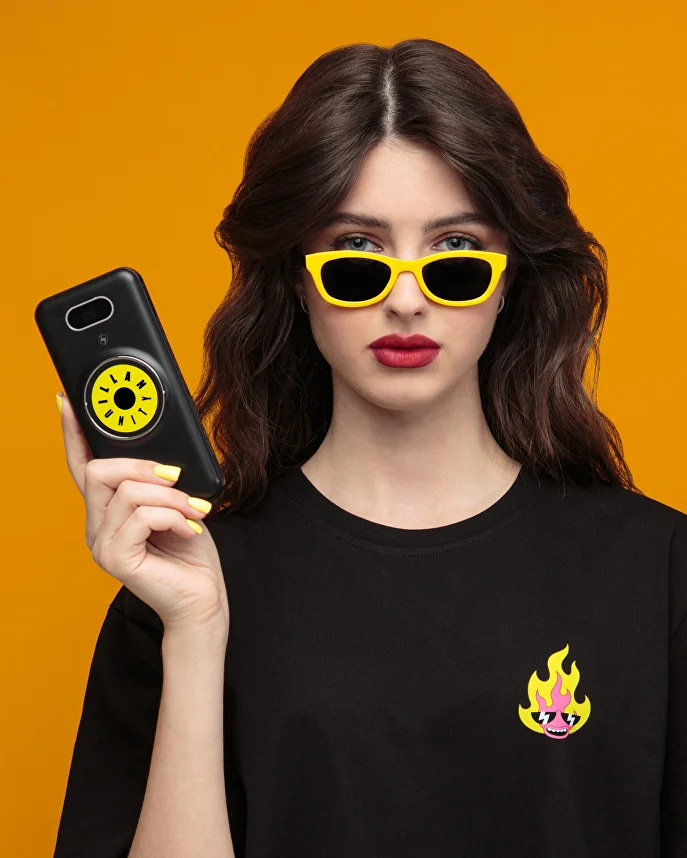 Modelka w okularach i czarnej koszulce trzyma smartfon z logotypem Illan Unity.